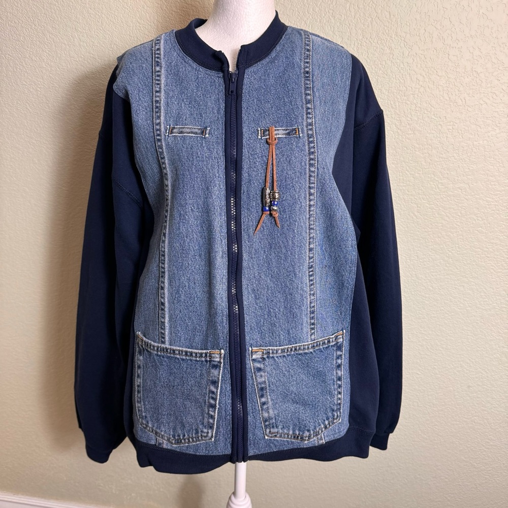 Women's Jean Jacket made from Jerzees Navy Sweatshirt and Jeans Size Large